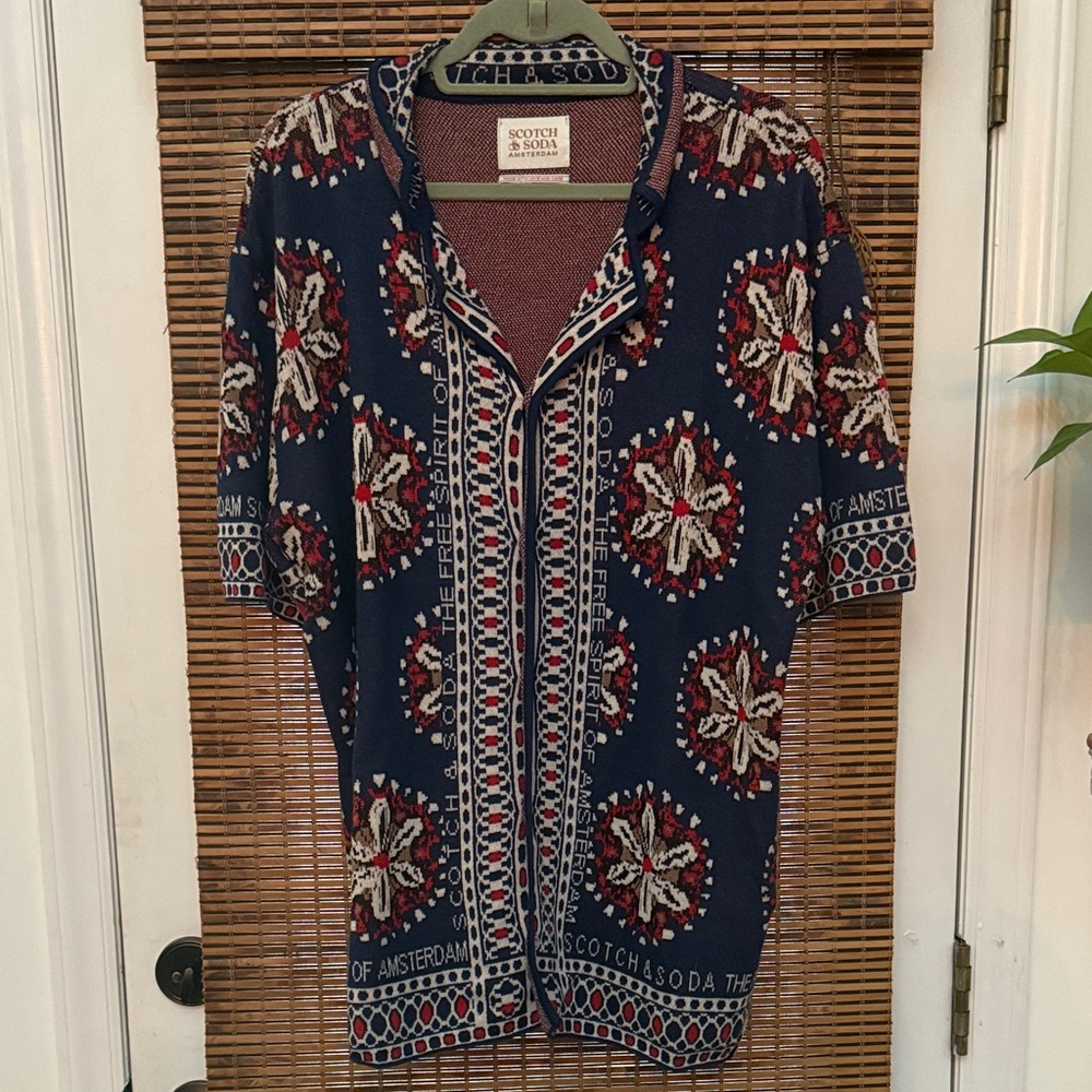Scotch & Soda Navy and Red Jacquard Knitted Camp Shirt